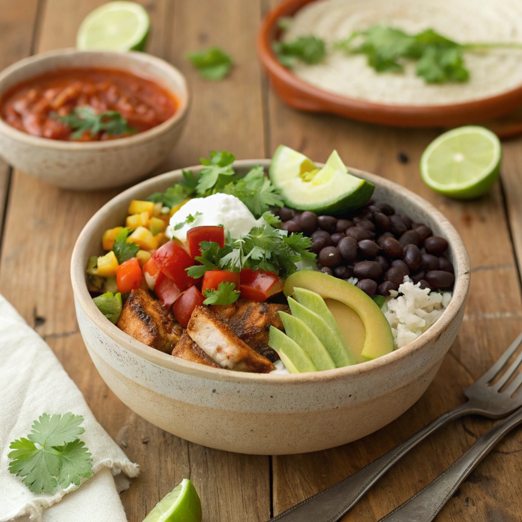 A colorful spread of burrito and taco bowls with fresh toppings, including avocado, beans, grilled chicken, and tortilla chips.