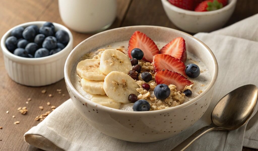 A bowl of creamy oatmeal topped with bananas, blueberries, strawberries, and chia seeds, served on a rustic wooden table.