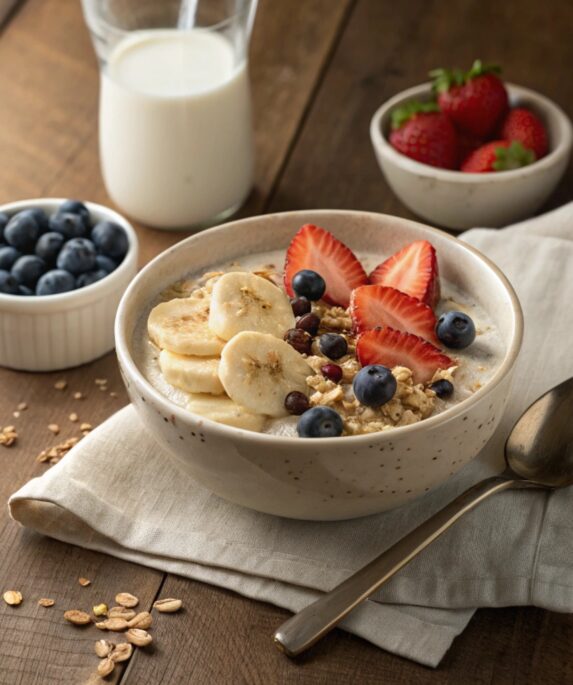 A bowl of creamy oatmeal topped with bananas, blueberries, strawberries, and chia seeds, served on a rustic wooden table.