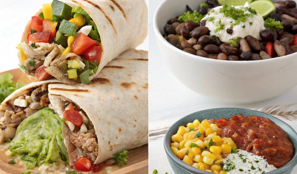 A split-screen image featuring French toast with berries and maple syrup alongside a comparison of a Freebirds burrito and Chipotle burrito bowl.