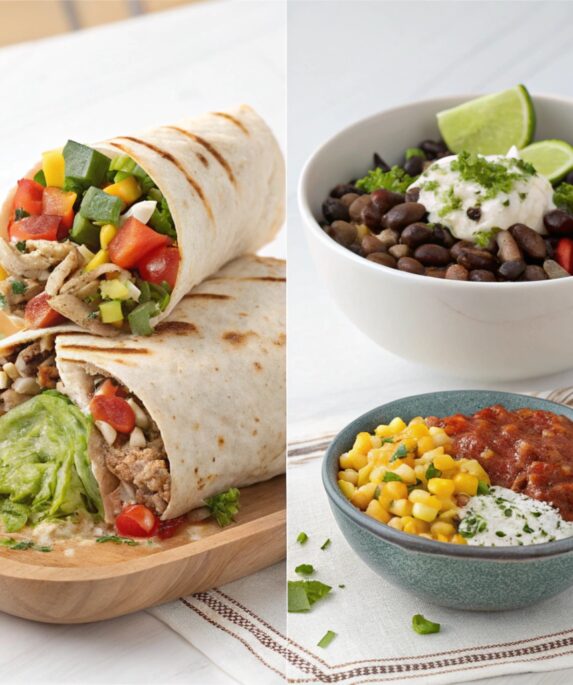 A split-screen image featuring French toast with berries and maple syrup alongside a comparison of a Freebirds burrito and Chipotle burrito bowl.