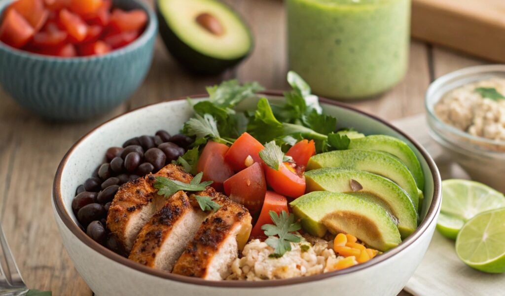 A colorful burrito bowl featuring cilantro-lime rice, black beans, grilled chicken, diced tomatoes, corn, sliced avocado, shredded cheese, guacamole, and salsa, surrounded by fresh ingredients like lime wedges and cilantro.