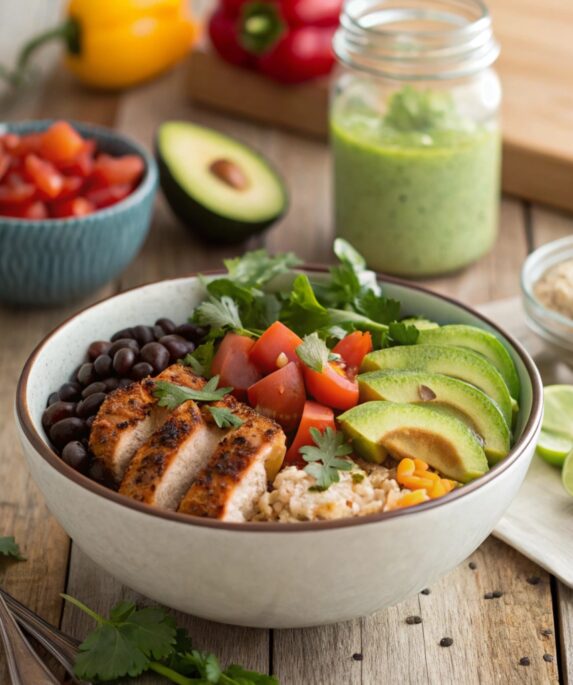 A colorful burrito bowl featuring cilantro-lime rice, black beans, grilled chicken, diced tomatoes, corn, sliced avocado, shredded cheese, guacamole, and salsa, surrounded by fresh ingredients like lime wedges and cilantro.