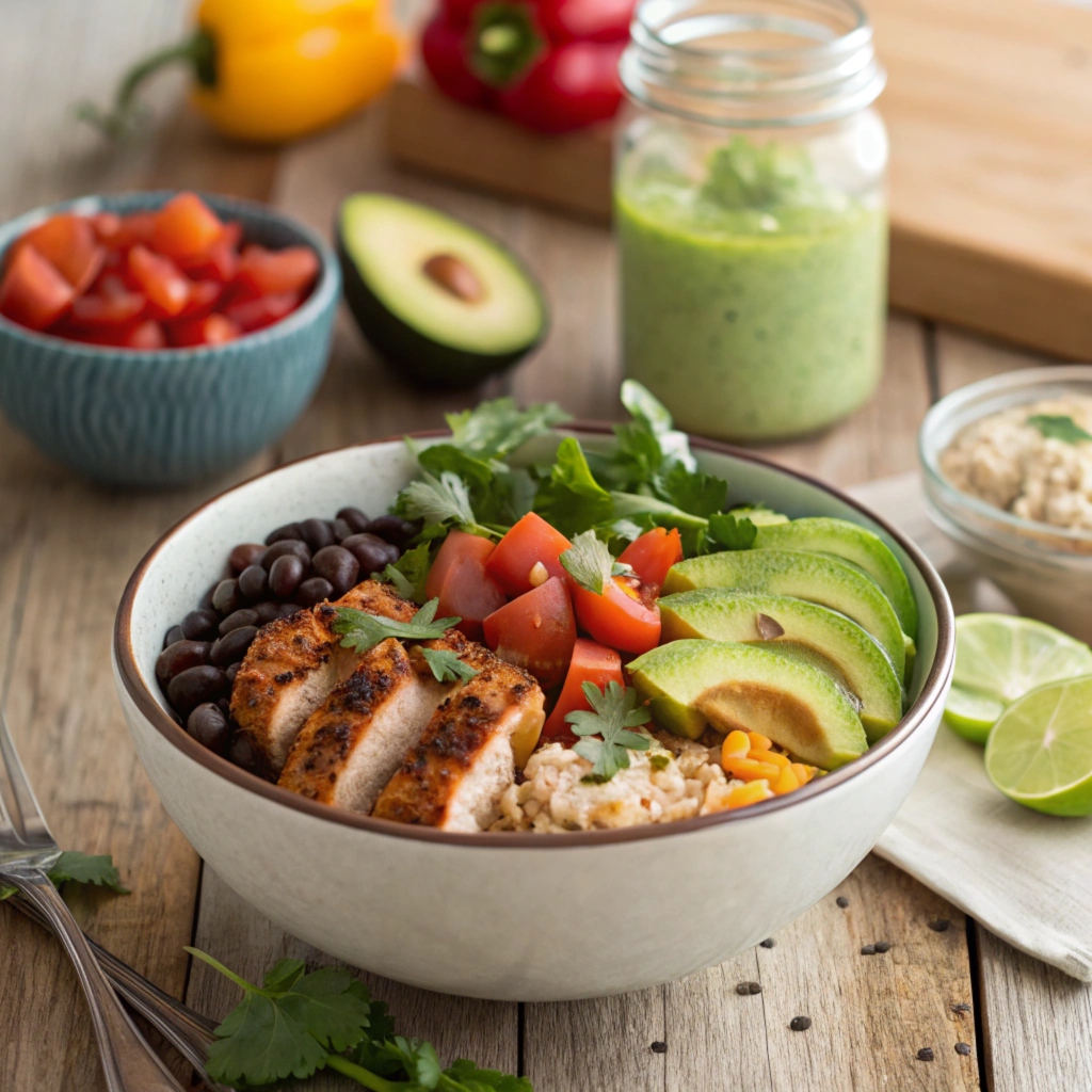 A colorful burrito bowl featuring cilantro-lime rice, black beans, grilled chicken, diced tomatoes, corn, sliced avocado, shredded cheese, guacamole, and salsa, surrounded by fresh ingredients like lime wedges and cilantro.