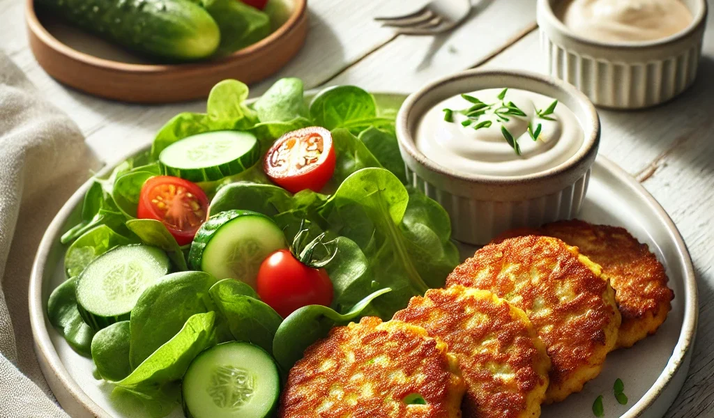 Diabetic-friendly chicken fritters with steamed vegetables and a side salad, baked to golden perfection.