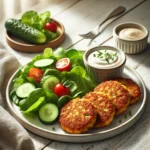 Diabetic-friendly chicken fritters with steamed vegetables and a side salad, baked to golden perfection.