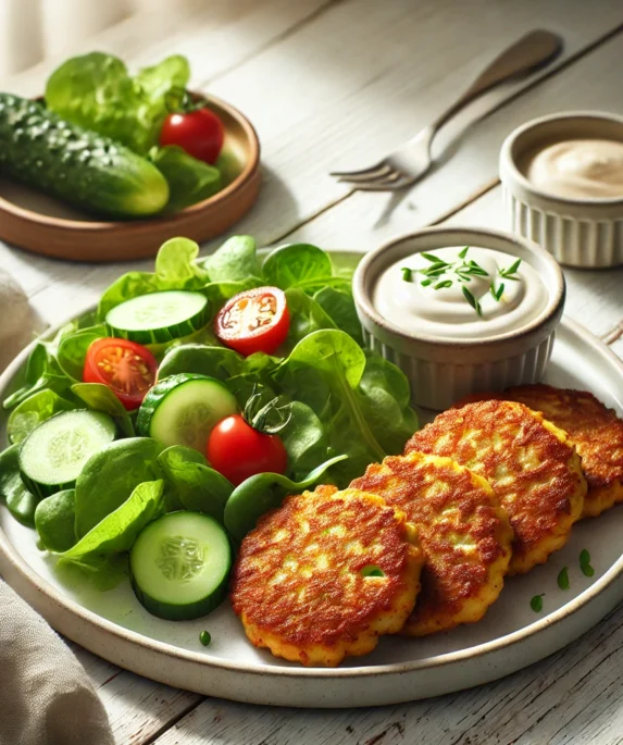 Diabetic-friendly chicken fritters with steamed vegetables and a side salad, baked to golden perfection.