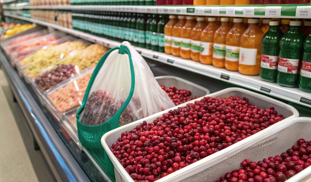 "Fresh, frozen, dried, and processed cranberries displayed in a supermarket setting, showcasing their availability and versatility."