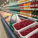 "Fresh, frozen, dried, and processed cranberries displayed in a supermarket setting, showcasing their availability and versatility."