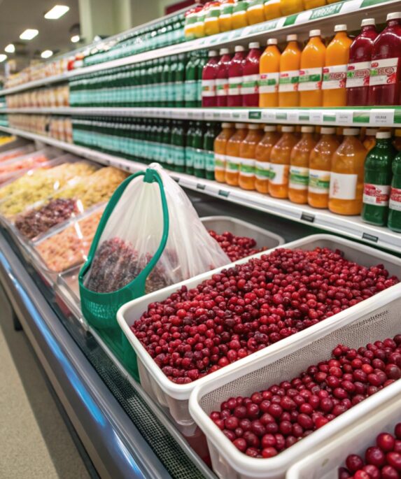 "Fresh, frozen, dried, and processed cranberries displayed in a supermarket setting, showcasing their availability and versatility."