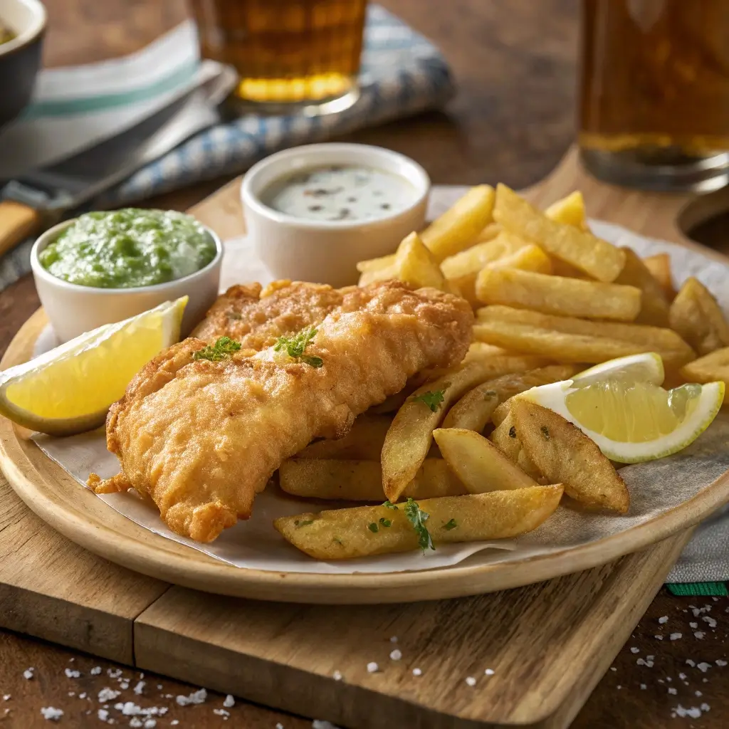 "A plate of classic fish and chips with golden crispy batter, thick-cut fries, mushy peas, and tartar sauce, served with a lemon wedge."