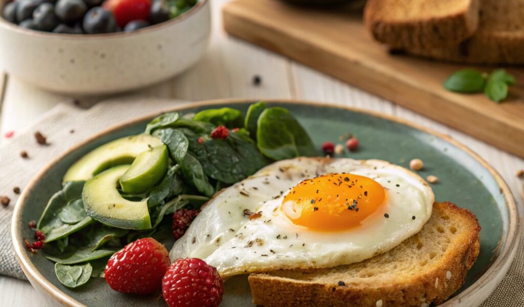 A perfectly fried egg with a golden yolk, served on a ceramic plate alongside whole-grain toast, sliced avocado, sautéed spinach, and a bowl of fresh berries, showcasing a healthy and balanced meal.