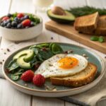 A perfectly fried egg with a golden yolk, served on a ceramic plate alongside whole-grain toast, sliced avocado, sautéed spinach, and a bowl of fresh berries, showcasing a healthy and balanced meal.