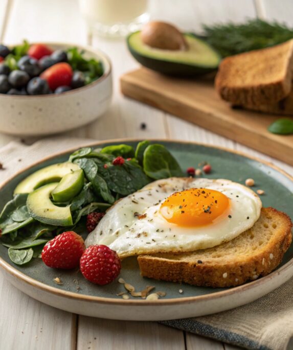 A perfectly fried egg with a golden yolk, served on a ceramic plate alongside whole-grain toast, sliced avocado, sautéed spinach, and a bowl of fresh berries, showcasing a healthy and balanced meal.