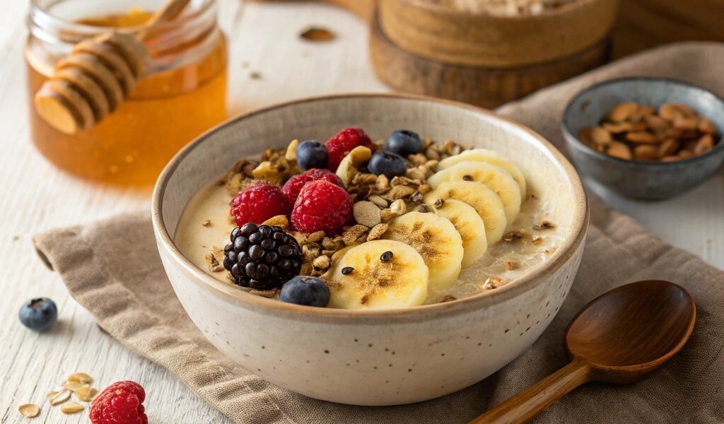 A bowl of creamy honey and oatmeal topped with bananas, berries, and nuts, served with a wooden spoon and a jar of honey.