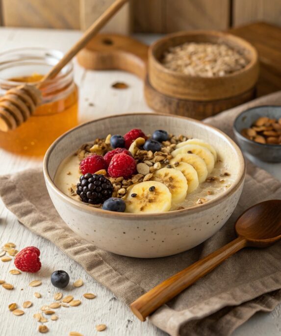 A bowl of creamy honey and oatmeal topped with bananas, berries, and nuts, served with a wooden spoon and a jar of honey.