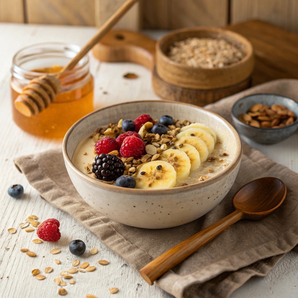 A bowl of creamy honey and oatmeal topped with bananas, berries, and nuts, served with a wooden spoon and a jar of honey.