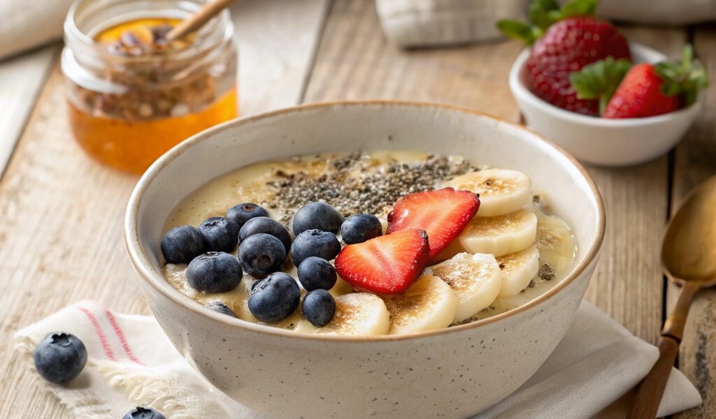 A bowl of porridge topped with fresh fruits like blueberries, strawberries, and banana slices, drizzled with honey and sprinkled with chia seeds.