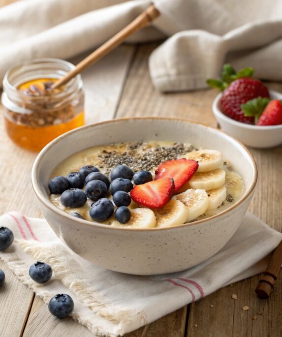 A bowl of porridge topped with fresh fruits like blueberries, strawberries, and banana slices, drizzled with honey and sprinkled with chia seeds.