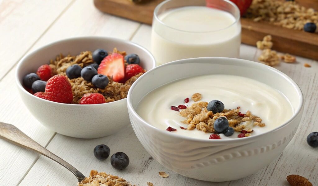 A breakfast setup featuring two cereal bowls—one with milk and one with yogurt—topped with fresh berries, banana slices, and nuts, placed on a rustic wooden table.