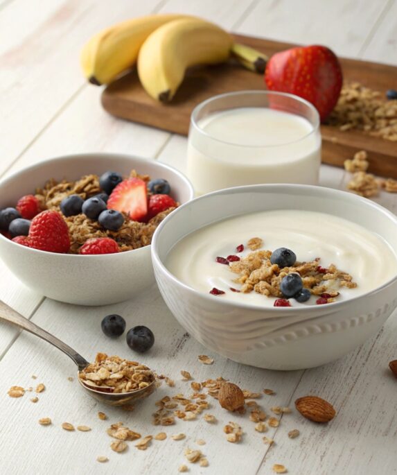 A breakfast setup featuring two cereal bowls—one with milk and one with yogurt—topped with fresh berries, banana slices, and nuts, placed on a rustic wooden table.