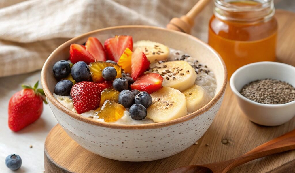 A bowl of creamy porridge topped with strawberries, blueberries, banana slices, honey drizzle, and chia seeds, served with a wooden spoon.