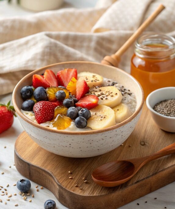 A bowl of creamy porridge topped with strawberries, blueberries, banana slices, honey drizzle, and chia seeds, served with a wooden spoon.