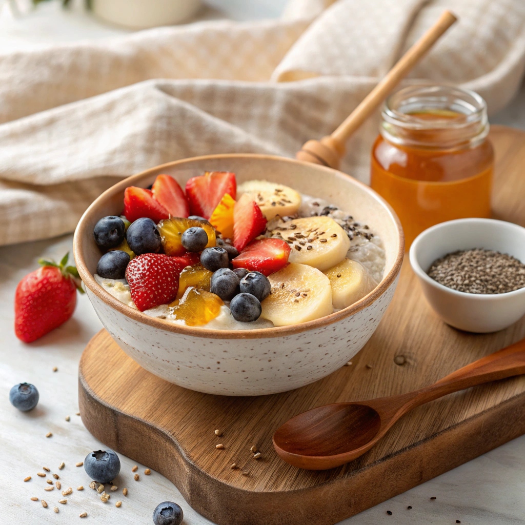 A bowl of creamy porridge topped with strawberries, blueberries, banana slices, honey drizzle, and chia seeds, served with a wooden spoon.