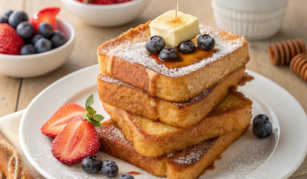 Golden-brown French toast slices topped with berries, powdered sugar, and maple syrup, served on a white plate with a rustic background.