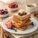 Golden-brown French toast slices topped with berries, powdered sugar, and maple syrup, served on a white plate with a rustic background.