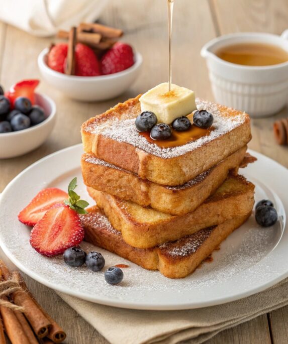 Golden-brown French toast slices topped with berries, powdered sugar, and maple syrup, served on a white plate with a rustic background.