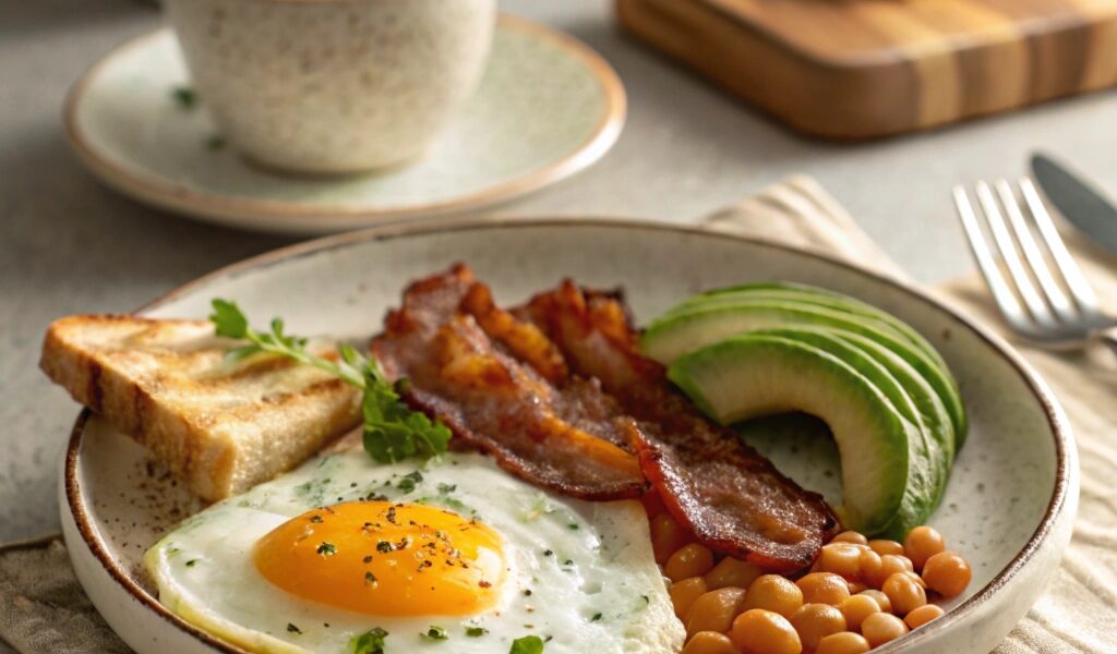 A breakfast plate displaying four types of fried eggs—sunny-side-up, over-easy, over-medium, and over-hard—served with toast, crispy bacon, and avocado slices, styled on a rustic wooden table.