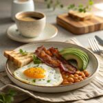 A breakfast plate displaying four types of fried eggs—sunny-side-up, over-easy, over-medium, and over-hard—served with toast, crispy bacon, and avocado slices, styled on a rustic wooden table.