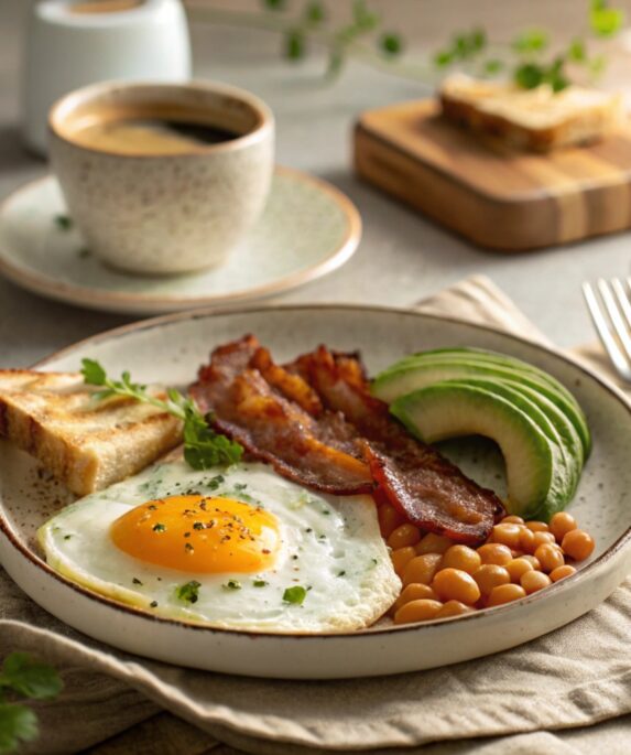 A breakfast plate displaying four types of fried eggs—sunny-side-up, over-easy, over-medium, and over-hard—served with toast, crispy bacon, and avocado slices, styled on a rustic wooden table.