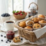 A variety of muffins, including blueberry, chocolate chip, and cheddar herb, arranged on a wooden platter with fresh ingredients around.