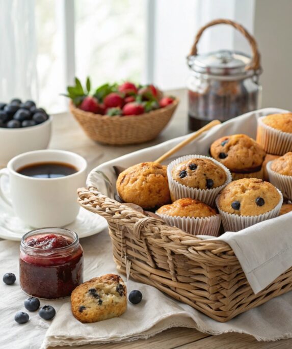 A variety of muffins, including blueberry, chocolate chip, and cheddar herb, arranged on a wooden platter with fresh ingredients around.