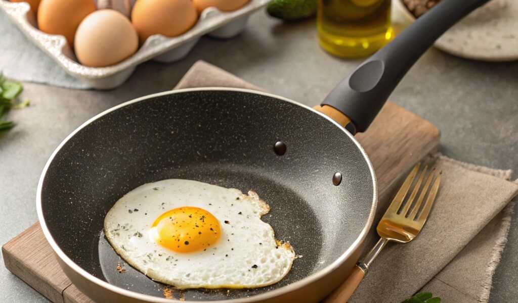 A display of four fried egg styles—sunny-side-up, over-easy, over-medium, and over-hard—on a wooden board, surrounded by herbs, toast, avocado, and seasoning for a complete and inviting breakfast setting.