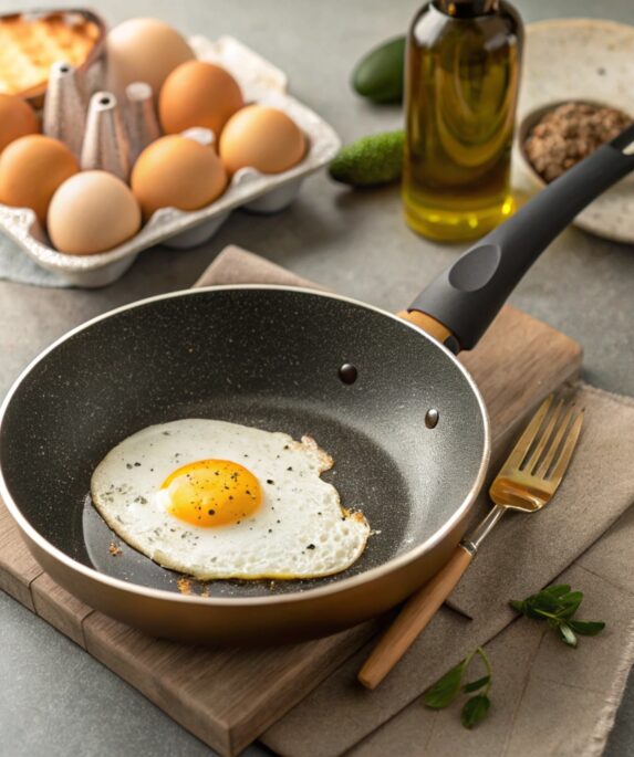 A display of four fried egg styles—sunny-side-up, over-easy, over-medium, and over-hard—on a wooden board, surrounded by herbs, toast, avocado, and seasoning for a complete and inviting breakfast setting.