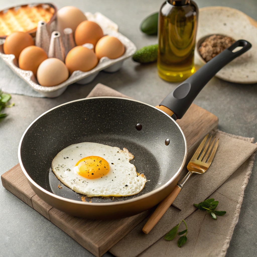 A display of four fried egg styles—sunny-side-up, over-easy, over-medium, and over-hard—on a wooden board, surrounded by herbs, toast, avocado, and seasoning for a complete and inviting breakfast setting.