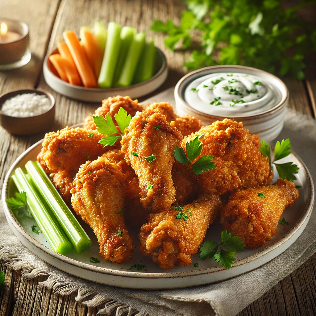 Golden-brown crispy chicken wings with sauces and preparation ingredients displayed on a wooden platter.