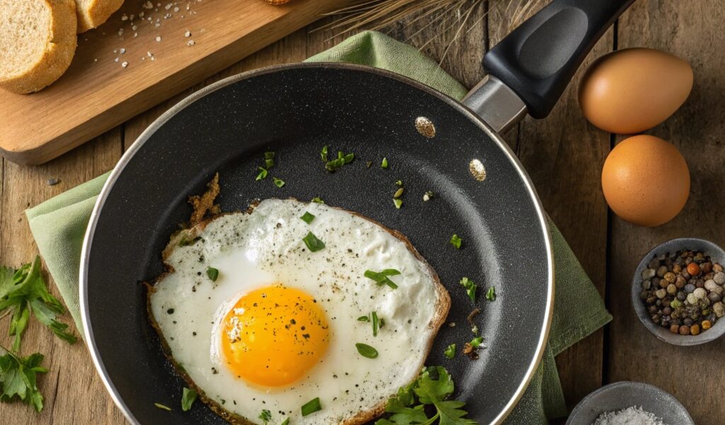 A perfectly fried egg with crispy edges and a bright, runny yolk in a non-stick pan, surrounded by fresh herbs, sea salt, and a slice of avocado toast in the background.