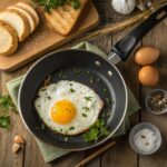 A perfectly fried egg with crispy edges and a bright, runny yolk in a non-stick pan, surrounded by fresh herbs, sea salt, and a slice of avocado toast in the background.