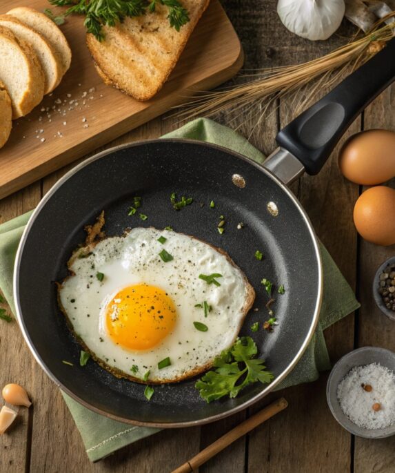 A perfectly fried egg with crispy edges and a bright, runny yolk in a non-stick pan, surrounded by fresh herbs, sea salt, and a slice of avocado toast in the background.