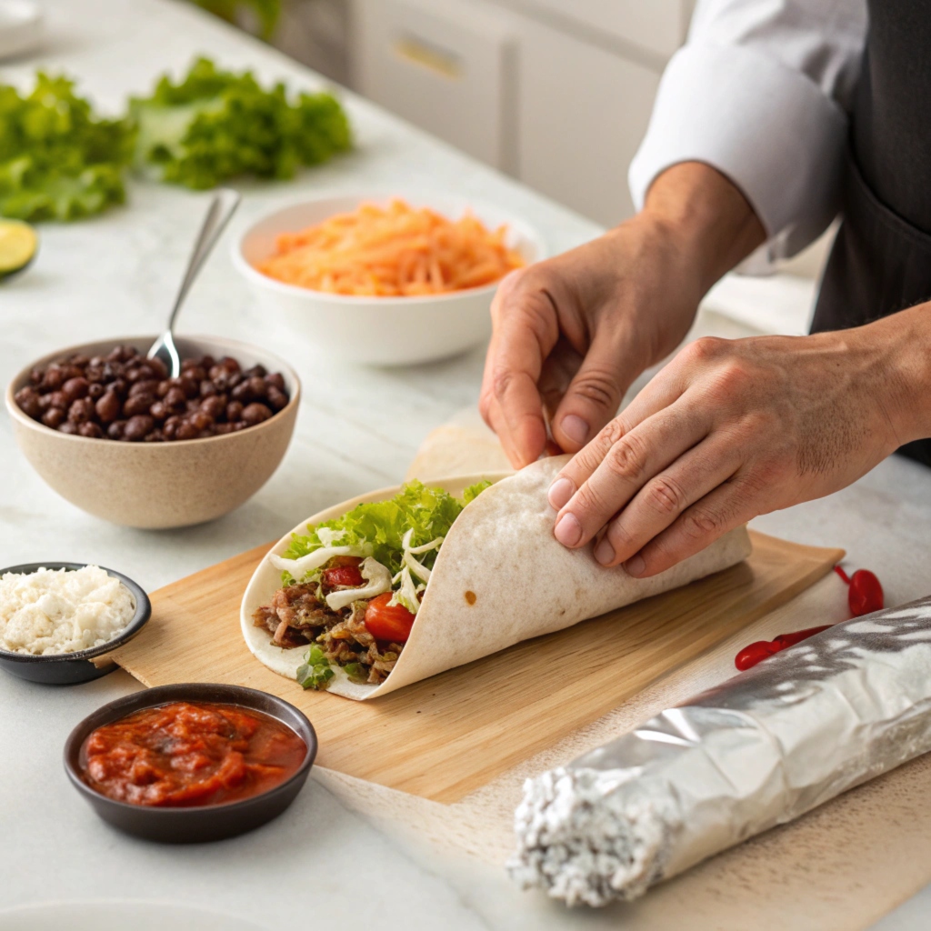 A freshly made burrito cut in half, showcasing vibrant fillings of rice, beans, chicken, salsa, and guacamole, surrounded by toppings.