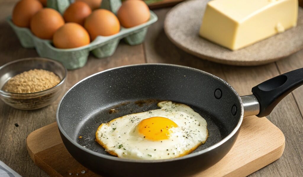 A perfectly fried egg with a golden yolk and crispy edges in a non-stick pan, surrounded by olive oil, black pepper, parsley, and whole-grain bread, set in a cozy kitchen scene.