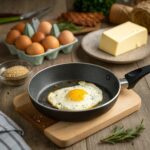 A perfectly fried egg with a golden yolk and crispy edges in a non-stick pan, surrounded by olive oil, black pepper, parsley, and whole-grain bread, set in a cozy kitchen scene.