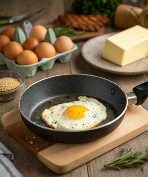 A perfectly fried egg with a golden yolk and crispy edges in a non-stick pan, surrounded by olive oil, black pepper, parsley, and whole-grain bread, set in a cozy kitchen scene.