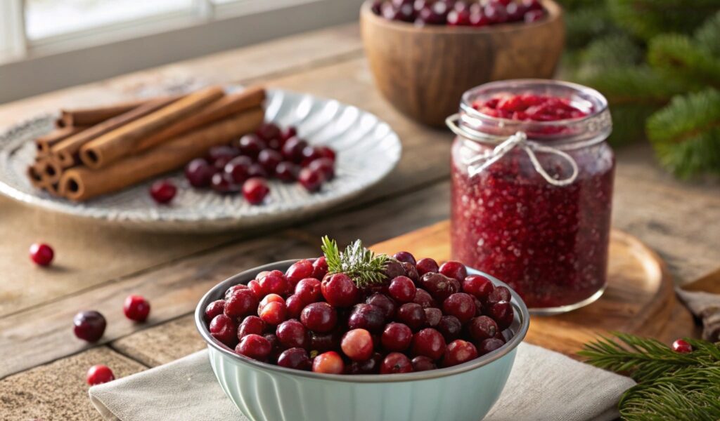 "A picturesque cranberry bog during harvest season, with bright red cranberries floating on blue water surrounded by autumn trees and clear skies."