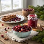 "A picturesque cranberry bog during harvest season, with bright red cranberries floating on blue water surrounded by autumn trees and clear skies."