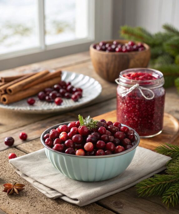 "A picturesque cranberry bog during harvest season, with bright red cranberries floating on blue water surrounded by autumn trees and clear skies."